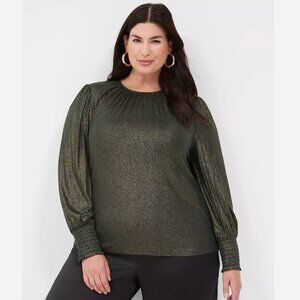 Lane Bryant Green Gold Metallic Smocked Flowy Jersey Knit Top Long Sleeve 18/20